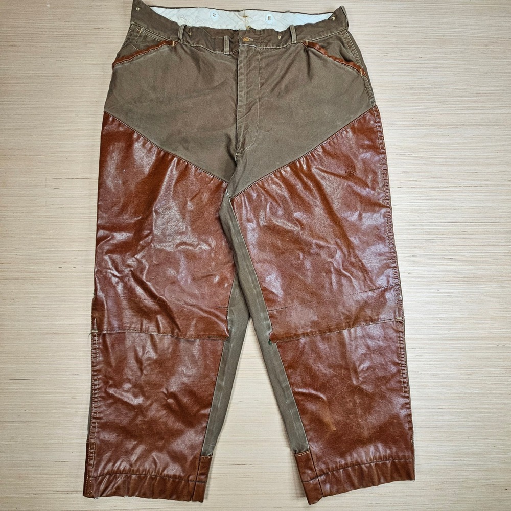 Vintage American Field Hunting Pants Mens‎ 36x27 Brown Leather Faced Canvas READ